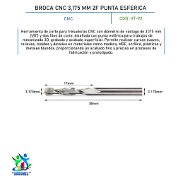 BROCA CNC 3,175 MM 2F PUNTA ESFERICA